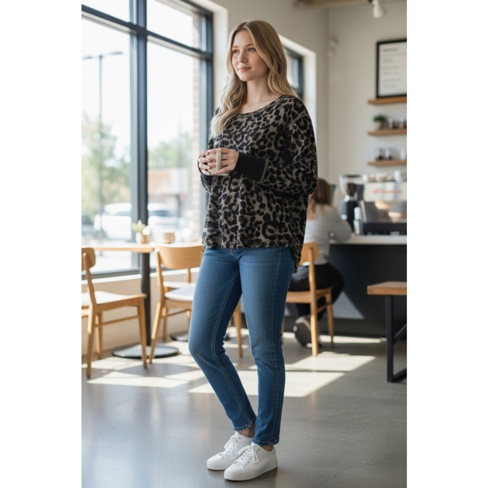 Women's SHEIN Plus Long Sleeve Thermal 2X Brown Black Leopard Print - Picture 4 of 4